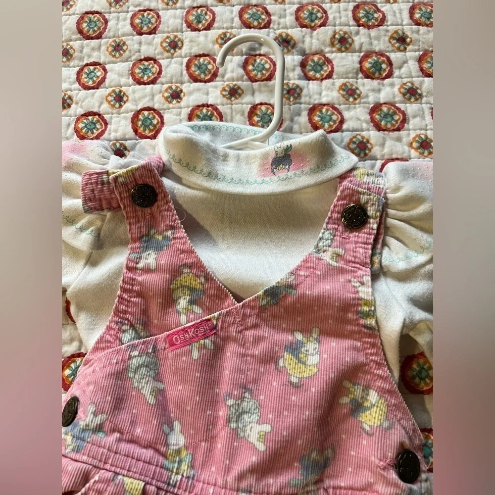 Vintage RARE Oshkosh Bgosh Corduroy Overalls Easter Rabbit SET size 6-9 months